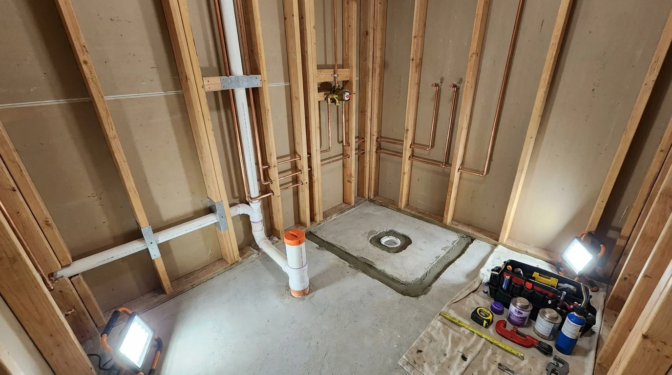 Bathroom rough-in plumbing during remodel by Johns Plumbing LLC in Sanford