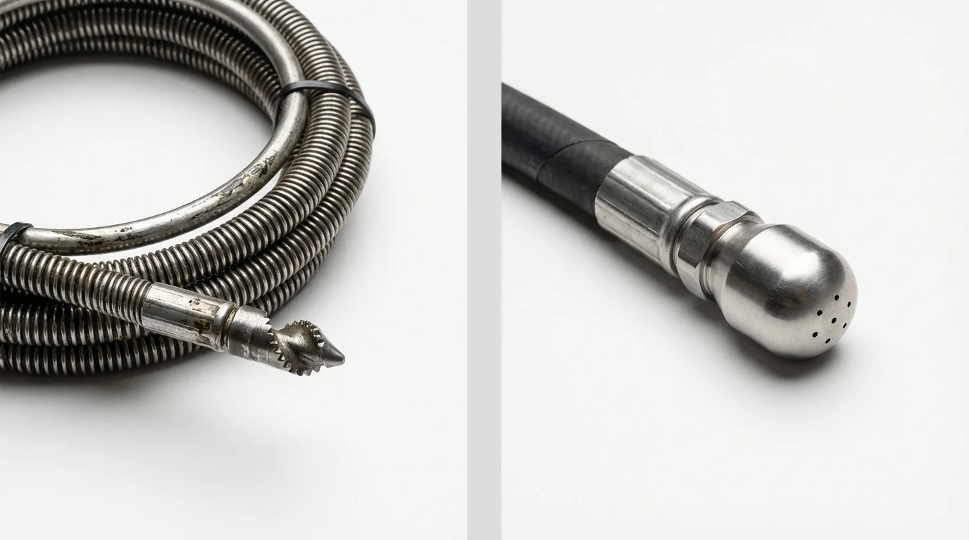 Drain snake cable and hydro jetting nozzle used for drain cleaning in Sanford, ME