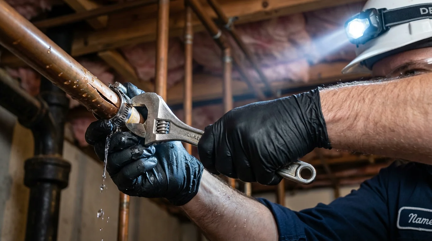 Emergency pipe clamp repair being performed by a Johns Plumbing LLC plumber in Sanford