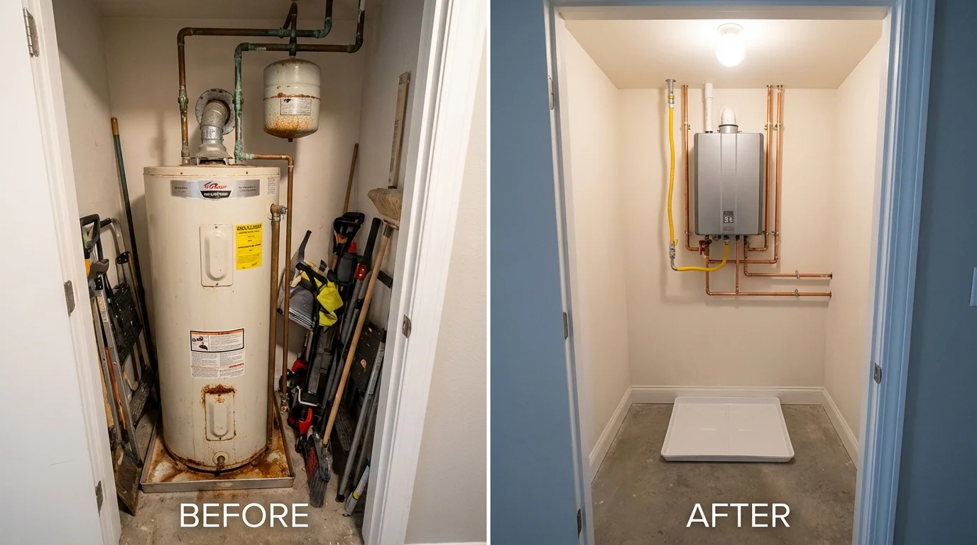 Tank water heater versus wall-mounted tankless unit comparison for Sanford, ME homeowners