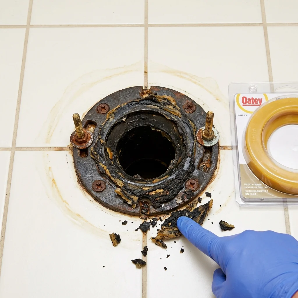 Failed wax ring showing water seepage at the base of a toilet in a Sanford, ME home