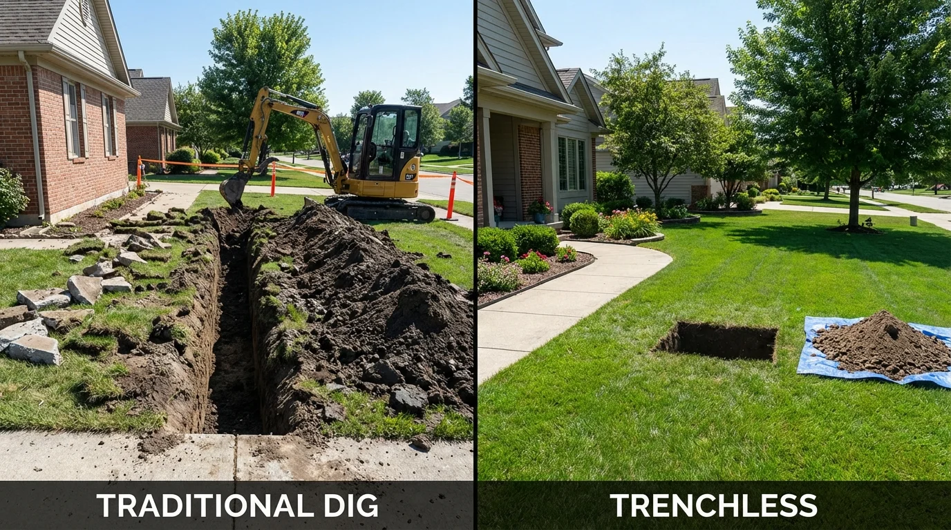 Trenchless sewer repair with minimal yard damage versus traditional excavation in Sanford, ME