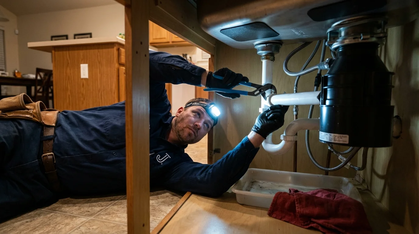 P-trap and supply line connections under a kitchen sink showing a common leak point in Sanford, ME